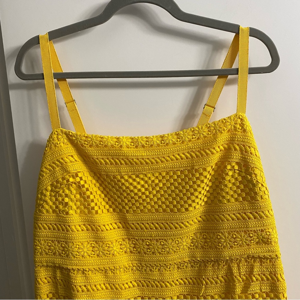 J. Crew Sunny Yellow Eyelet Crochet Lace Tiered Midi Dress Sundress Size 16 - Picture 5 of 15